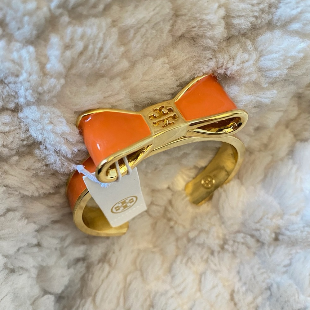 Tory Burch Orange Gold Tone Bow Bangle Open End Adjustable Bracelet NWT